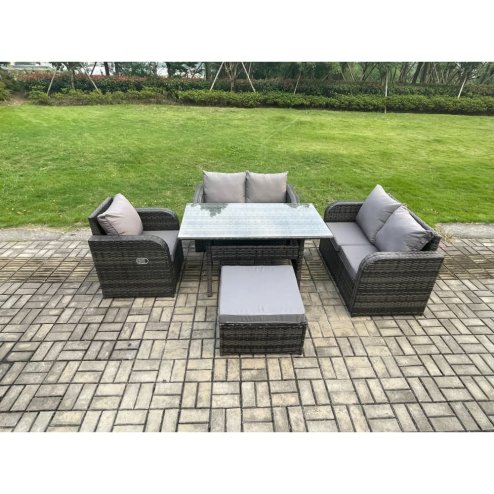 Fimous Lounge Rattan Sofa Set Outdoor Garden Furniture Oblong Rectangular Dining Table With Chairs Big Footstool Dark Grey Mixed