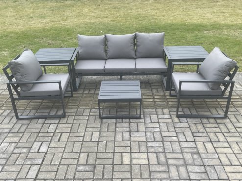 Fimous Aluminium Outdoor Garden Furniture Set Lounge Sofa 2 PC Chairs Square Coffee Table Sets with 2 Side Tables Dark Grey