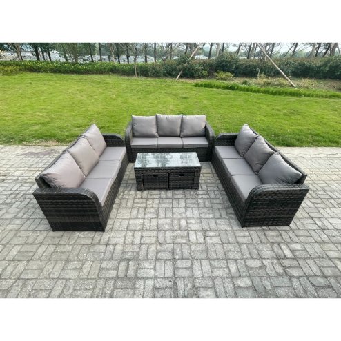 Fimous 11 Seater Rattan Garden Furniture Set Indoor Outdoor Patio Sofa Set with Coffee Table 2 Small Footstools Dark Grey Mixed