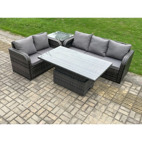 Fimous Outdoor Rattan Garden Furniture Sets Height Adjustable Rising lifting Dining Table Lounge Sofa Set With Side Table Dark Grey Mixed