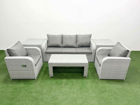 Fimous PE Rattan Garden Furniture Set Reclining Chair Sofa Lounge Sofa Set Rectangular Coffee Table 2 Side Table Light Grey