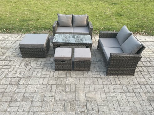 Fimous 7 Seater High Back Rattan Garden Furniture Sofa Sets with Rectangular Coffee Table 3 Footstools Loveseat Sofa Dark Grey Mixed
