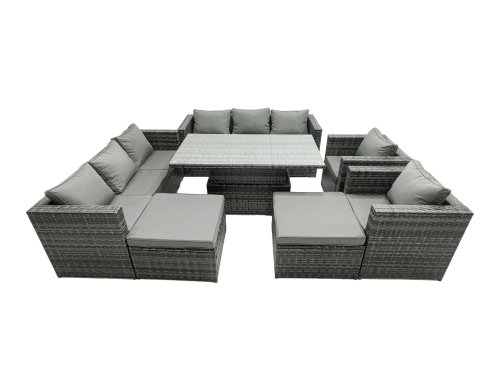 Fimous Rattan Dining Table Sofa Set with 2 Armchair 2 Stools Outdoor 10 Seat Garden Furniture Set Dark Grey Mixed