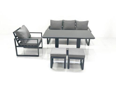 Fimous Outdoor Aluminium Garden Furniture Set with Adjustable Rising Lifting Dining Table 3 Seater Sofa Chair 2 Small Footstools Dark Grey