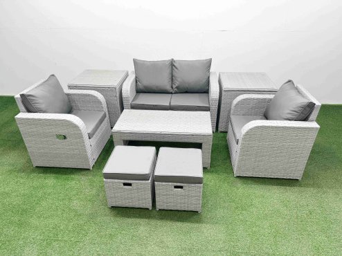Fimous Light Grey PE Wicker Rattan Garden Furniture Set Sofa Set Reclining Adjustable Chair Oblong Coffee Table 6 Seater 2 Small Stools 2 Side Table