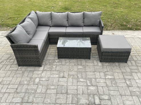 Fimous 7 Seater Rattan Lounge Corner Sofa Set Wicker PE Outdoor Garden Furniture Set with Coffee Table Big Footstool Dark Grey Mixed