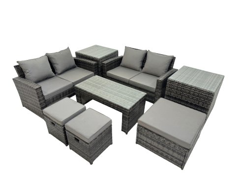 Fimous Outdoor Love Sofa Set 7 Seat Rattan Garden Furniture Set with Oblong Coffee Table 3 Footstools 2 Side Table Dark Grey Mixed