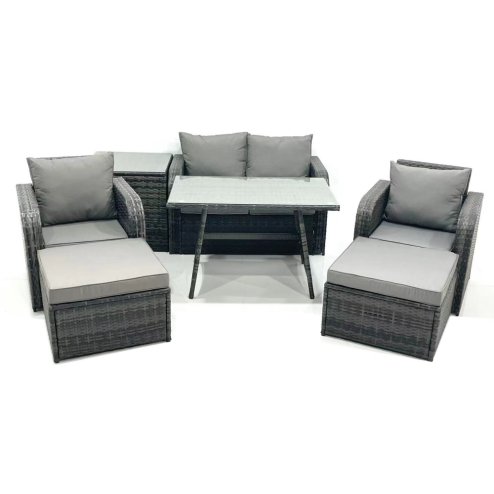 Fimous Outdoor Garden Furniture Set Rattan Sofa Dining Table Set with Reclining Chair 2 Big Footstool Side Table Dark Grey Mixed