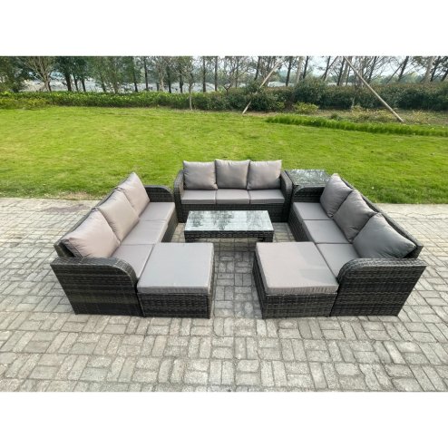 Fimous Rattan Garden Furniture Set 11 Seater Indoor Outdoor Patio Sofa Set with Coffee Table 2 Big Footstool Side Tables Dark Grey Mixed