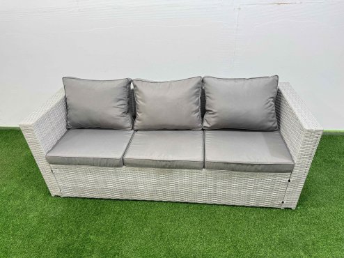 Fimous Patio Garden Furniture Sets with Black Glass Top Dining Table 3 Seater Sofa Armchair 3 Stool Light Grey