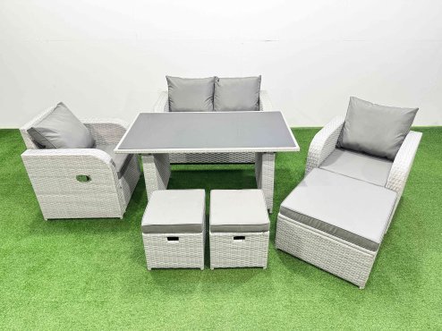 Fimous Outdoor Rattan Garden Furniture Dining Set 7-seater Patio Rectangular Table Love Sofa Reclining Chair Set with 3 Stools
