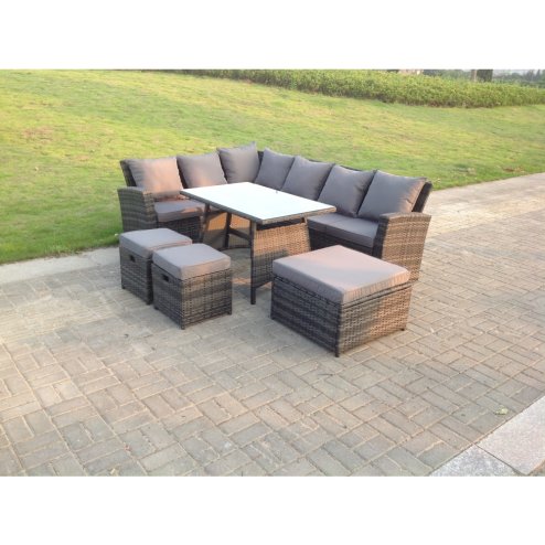 Fimous 9 Seater High Back Rattan Garden Furniture Set Corner Sofa With Oblong Dining Table 3 Footstool
