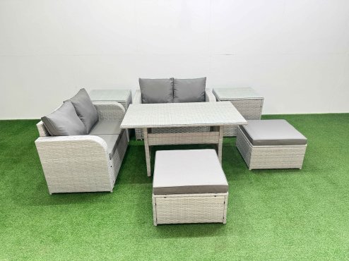 Fimous 6 Seater Outdoor Love Sofa Set Rattan Garden Furniture Set with Rectangular Dining Table 2 Footstool 2 Side Tables Light Grey