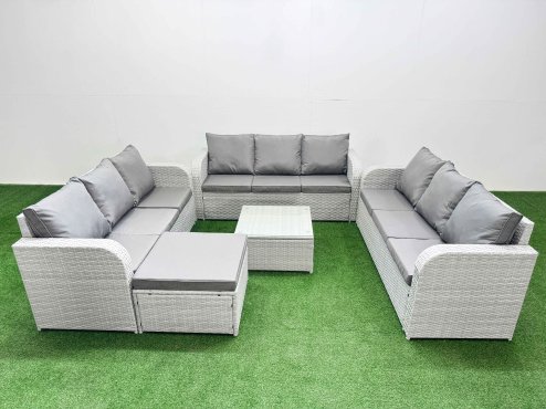 Fimous PE Rattan Lounge Sofa Set 10 Seater Outdoor Garden Furniture Set with Square Coffee Table 3 Seater Sofa Big Footstool Light Grey