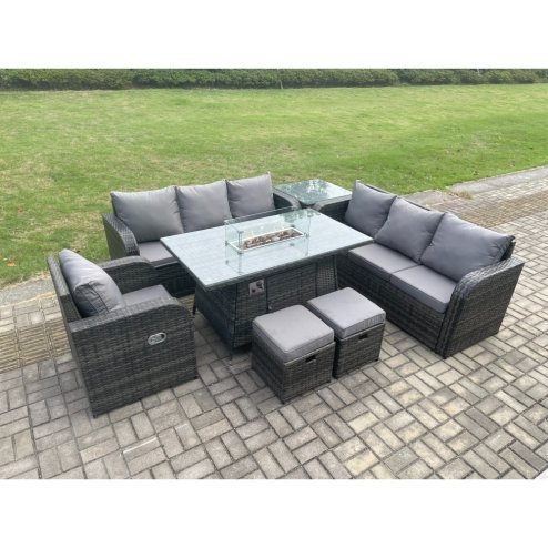 Fimous Rattan Outdoor Furniture Gas Fire Pit Rectangle Dining Table Gas Heater Reclining Chair 3 Seater Sofa Sets with Side Table 2 Small Footstools 9 Seater