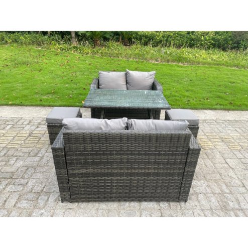 Fimous Rattan Garden Furniture Set 2 Seater Curved Arm Double Love Sofa Sofa Oblong Dining Table