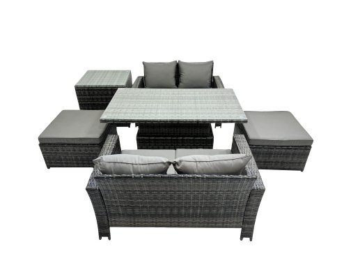 Fimous Outdoor Love Sofa Set 6 Seat Rattan Garden Furniture Set with Adjustable Lifting Dining or Coffee Table 2 Big Stools Dark Grey Mixed
