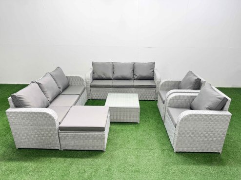 Fimous PE Rattan High Back Lounge Sofa Set Patio Square Coffee Table & Chairs Set with 3 Seater Sofa Reclining Chair Big Footstool Light Grey