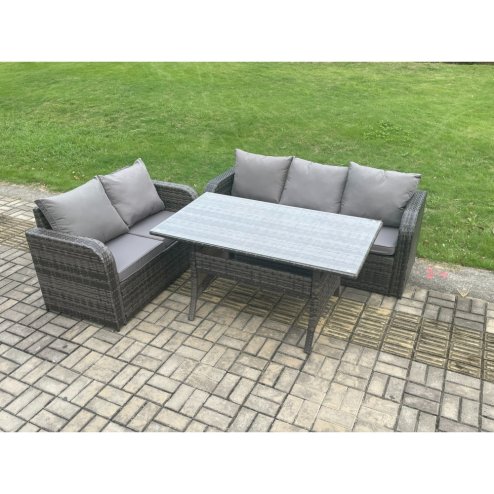 Fimous Outdoor Garden Patio Furniture Wicker Rattan Oblong Rectangular Dining Table and Lounge Sofa set Dark Grey Mixed