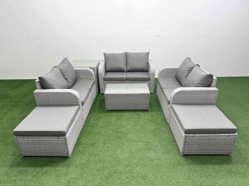 Fimous 8 Seater PE Wicker Rattan Furniture Sofa Sets with Rectangular Coffee Table 2 Seater Love Sofa 2 Big Footstool Side Table Light Grey