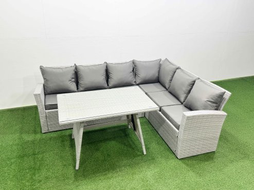 Fimous 6 Seater Garden Outdoor Rattan Furniture Set Rattan Corner Sofa Oblong Dining Table Set Light Grey Mixed