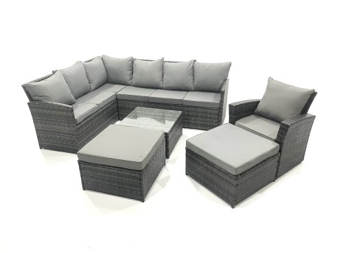 Fimous 9 Seater Outdoor Garden Furniture Set Wicker PE Rattan Corner Sofa Set with Square Coffee Table 2 Big Footstool Dark Grey Mixed