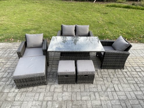 Fimous Outdoor Garden Dining Sets 7 Seater Rattan Patio Furniture Sofa Set with Rising Lifting Table 3 Footstools Dark Grey Mixed