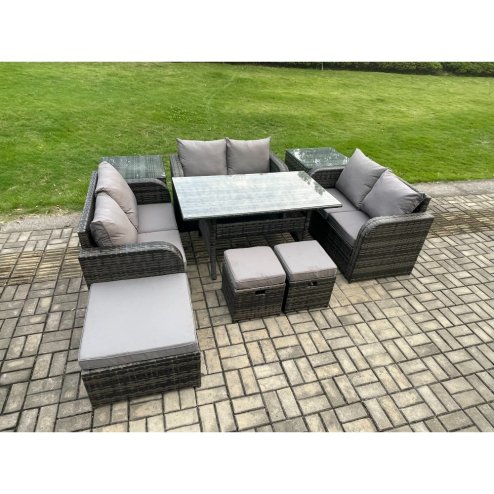 Fimous 9 Pieces Outdoor Rattan Garden Furniture Set with Patio Rectangular Dining Table Love Sofa 2 Side Tables 3 Footstools Dark Grey Mixed