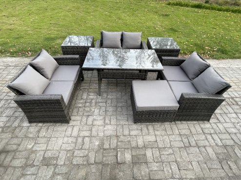Fimous Wicker PE Rattan Garden Furniture Sets Outdoor Lounge Sofa Set with Oblong Dining Table Double Seat Sofa 2 Side Tables Big Footstool Dark Grey Mixed