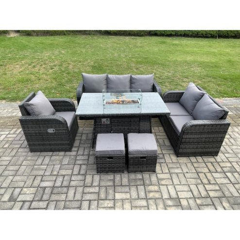 Fimous Wicker Rattan Garden Furniture Set with Fire Pit Table 8 Seater Outdoor Lounge Sofa Set Dark Grey Mixed