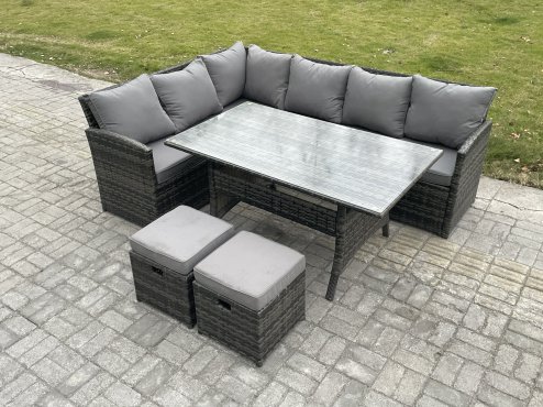 Fimous Outdoor Rattan Garden Furniture Corner Sofa Set with Rectangular Dining Table 2 Small Footstools Patio Wicker Rattan Set Dark Grey Mixed