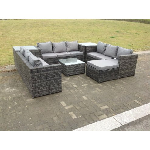 Fimous 10 Seater U Shape Rattan Sofa Set Outdoor Garden Furniture Patio With 3 Table Dark Grey Mixed