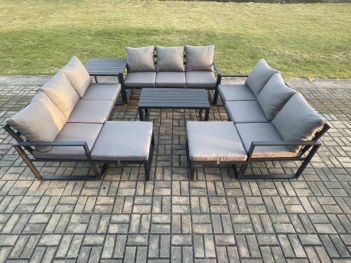 Fimous Aluminium Outdoor Garden Furniture Set Lounge Sofa Oblong Coffee Table 2 PC Big Footstool Side Table Sets with Cushions Dark Grey 11 Seater