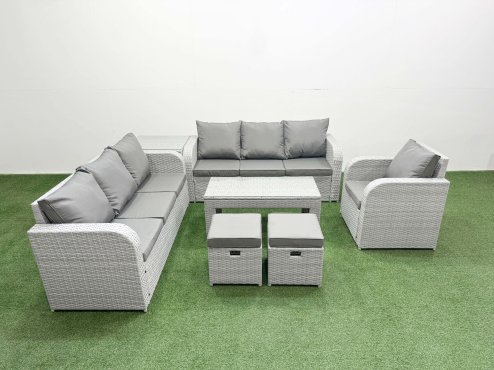 Fimous 9 Seater Poly Rattan Outdoor Garden Furniture Oblong Coffee Table Sofa Set Patio 3 Seater Sofa Reclining Chair 3 Seater Sofa Stools Side Table Light Grey