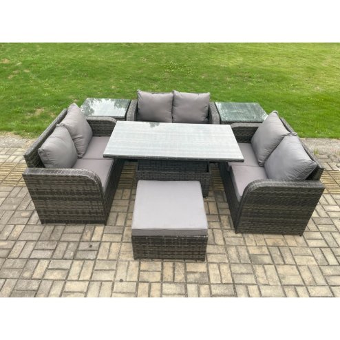 Fimous Rattan Garden Outdoor Furniture 3 PC Love Sofa Set Patio Adjustable Rising lifting Dining Table With 2 Side Tables Big Footstool