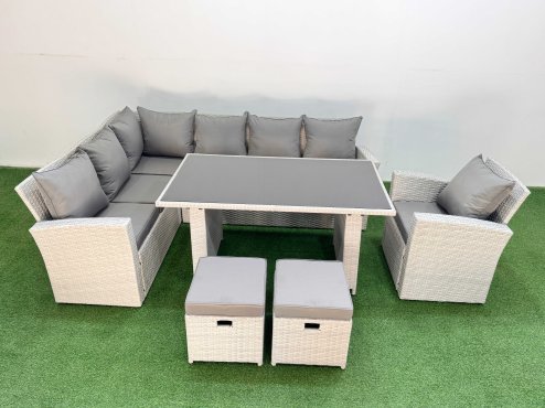 Fimous 9 Seater Wicker Rattan Corner Sofa Sets Outdoor Garden Furniture Sets with Rectangular Dining Table Lounge Sofa 2 Small Footstools Armchair Light Grey