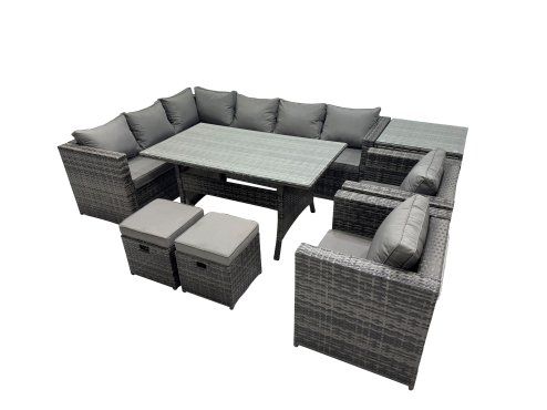 Fimous Outdoor PE Rattan Sofa Set with Dining Table Patio Garden Furniture Sets with 2 Small Stools Side Table Dark Grey Mixed