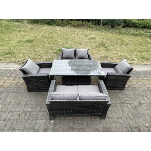 Fimous Rattan Outdoor Furniture Adjustable Rising Lifting Rectangle Dining Table Chairs Two Seater Love Sofa Sets 6 Seater