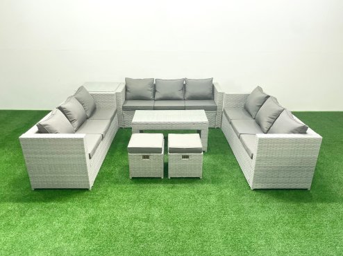 Fimous Rattan Garden Outdoor Furniture Set 11 Seater Garden Sofa Oblong Coffee Table Set with 2 Small Footstool Side Table Light Grey Mixed