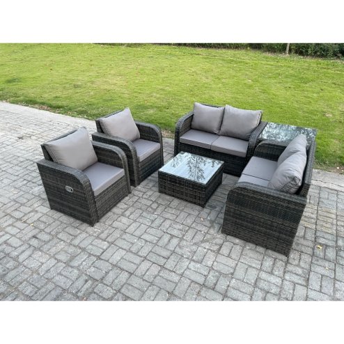 Fimous 6 Seater Rattan Sofa Set Outdoor Garden Furniture Set with Square Coffee Table Loveseat Sofa Reclining Chairs Side Table Dark Grey Mixed