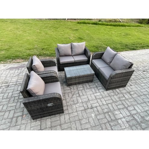 Fimous Rattan Garden Furniture Set Patio Outdoor Lounge Sofa Set with 2 Reclining Chairs Rectangular Coffee Table Dark Grey Mixed