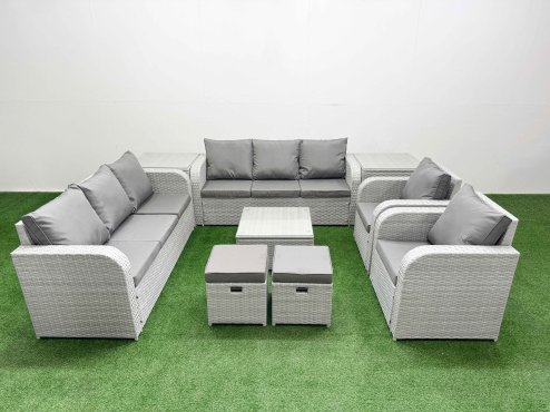 Fimous PE Rattan High Back Lounge Sofa Set Patio Square Coffee Table & Chairs Set with 3 Seater Sofa Reclining Chair Stools 2 Side Table Light Grey