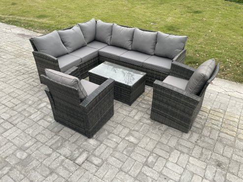 Fimous Rattan Lounge Corner Sofa Set Wicker PE Outdoor Garden Furniture Set with Rectangular Coffee Table 2 Armchairs Dark Grey Mixed