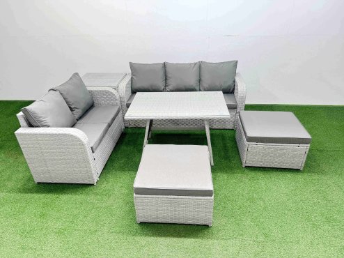 Fimous Outdoor PE Rattan Garden Furniture Set Rectangular Dining Table Sofa Set with 2 Big Stool Side Table Light Grey