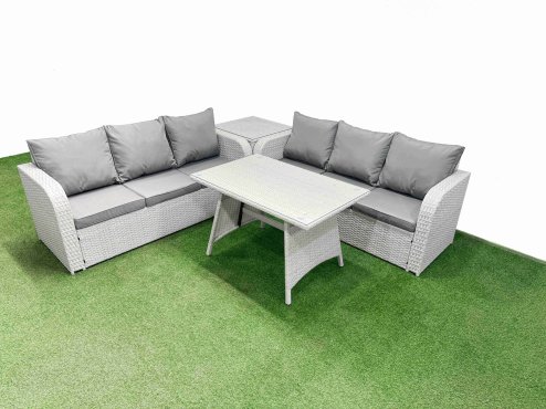 Fimous Patio Dining Table & Chairs Set Rattan High Back Lounge Sofa Set with 3 Seater Sofa Side Table Light Grey