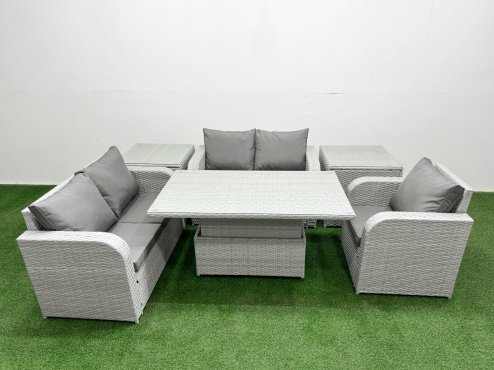 Fimous High Back Poly Rattan Garden Furniture Set with Reclining Chair Loveseat Sofa Adjustable Lifting Dining or Coffee Table Indoor Outdoor Patio Set 2 Side Table Light Grey