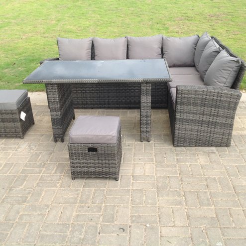 Fimous High Back Grey Mixed Rattan Corner Sofa Dining Set Table With Stools 8 Seater right corner