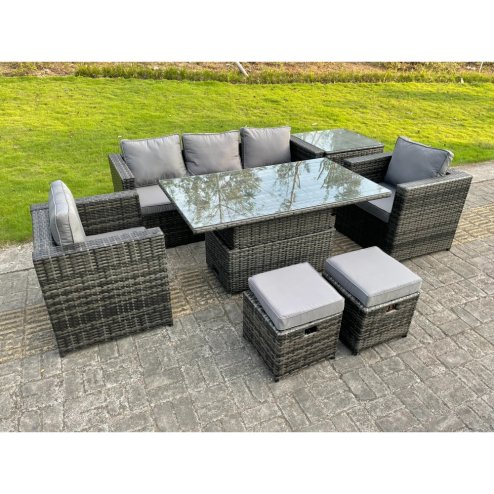 Fimous Rattan Garden Furniture Set Rising Adjustable Dining Table Lounge Sofa Set With Foostools Dark Grey Mixed Extra Side High Tall Coffee Tea Table