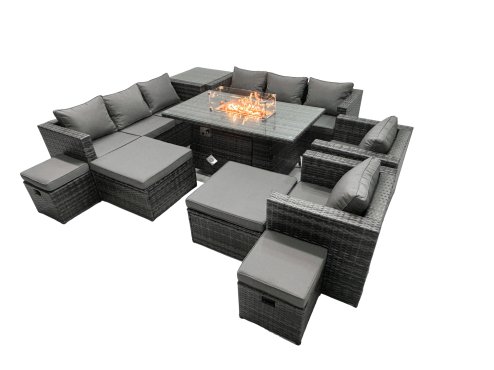 Fimous Rattan Garden Furniture Firepit Dining Set 12 Seater Lounge Sofa Table Set with side table 2 big Footstool