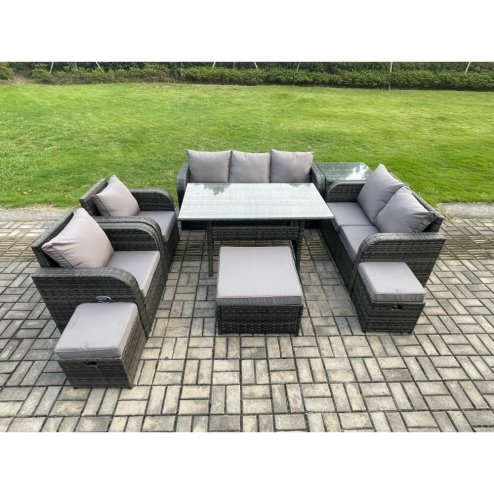 Fimous 10 Seater Garden Rattan Furniture Dining Table Sofa Set Indoor Outdoor with 2 Reclining Chairs Side Table 3 Footstools Dark Grey Mixed